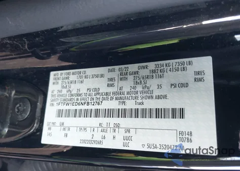 2022 Ford F-150 Xlt from USA, damaged, VIN 1FTFW1ED6NFB12767